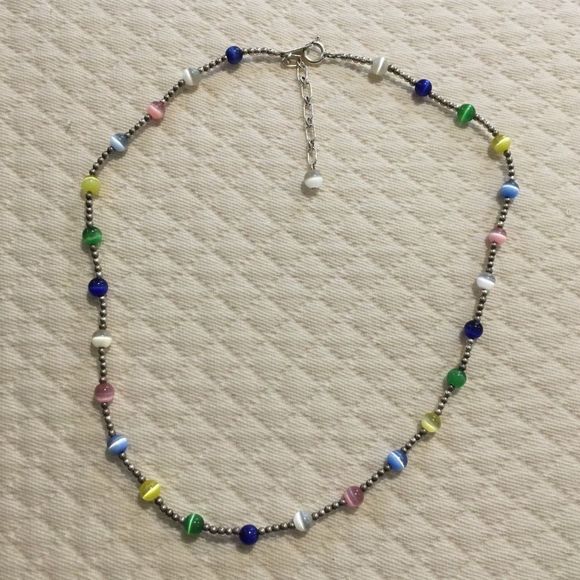 VTG Sterling Silver Multicolor Cats Eye Station Beaded Choker Necklace Extension - Picture 9 of 15